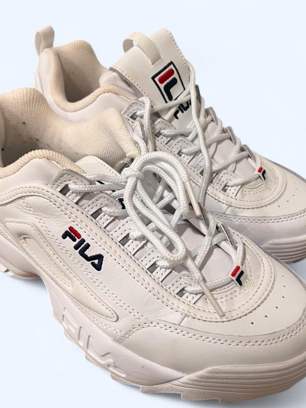 Fila Disruptor Chunky Sneakers in White with Red & Navy Accents